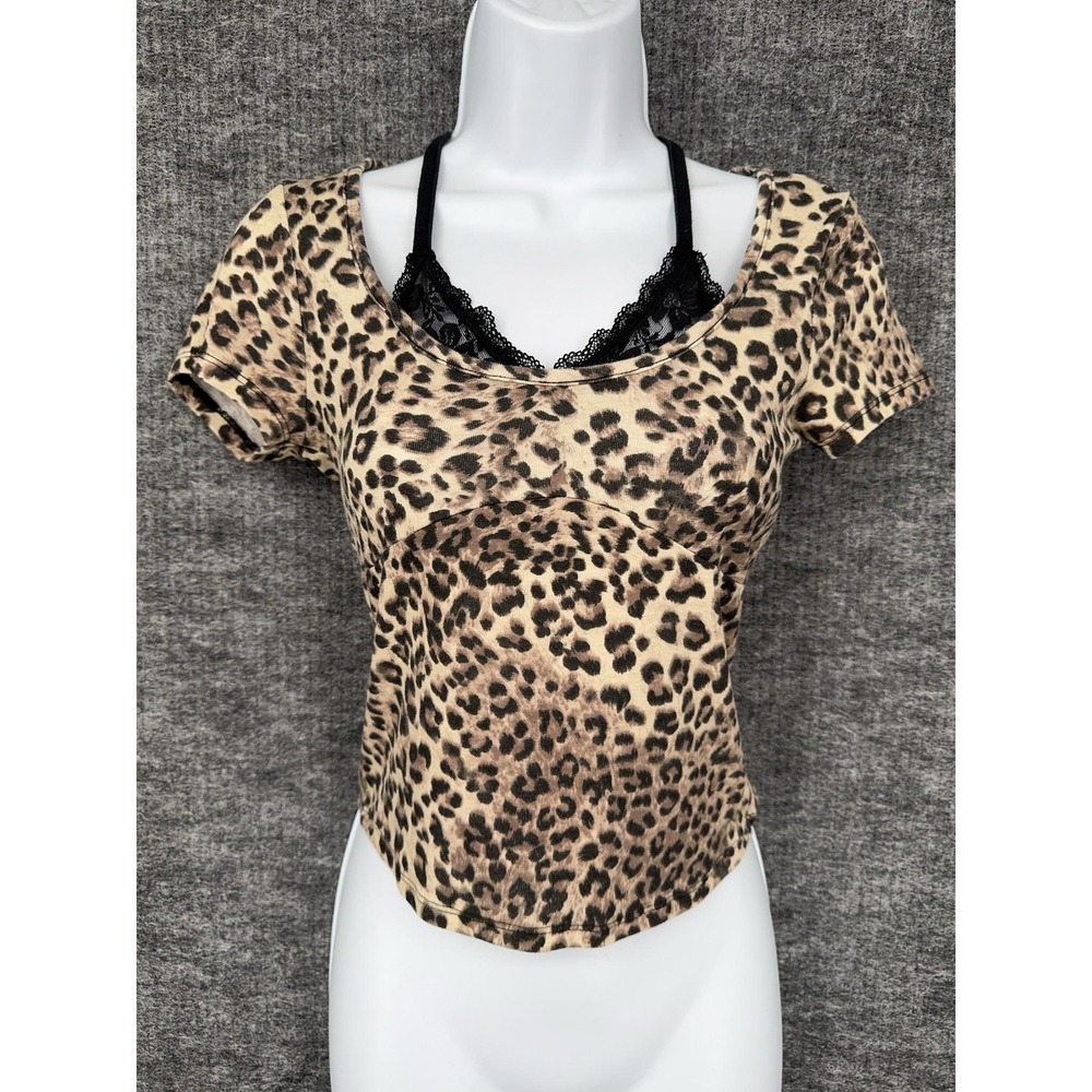 No Comment Top Womens Small Brown Black Leopard Print Lace Layered Fitted Halter